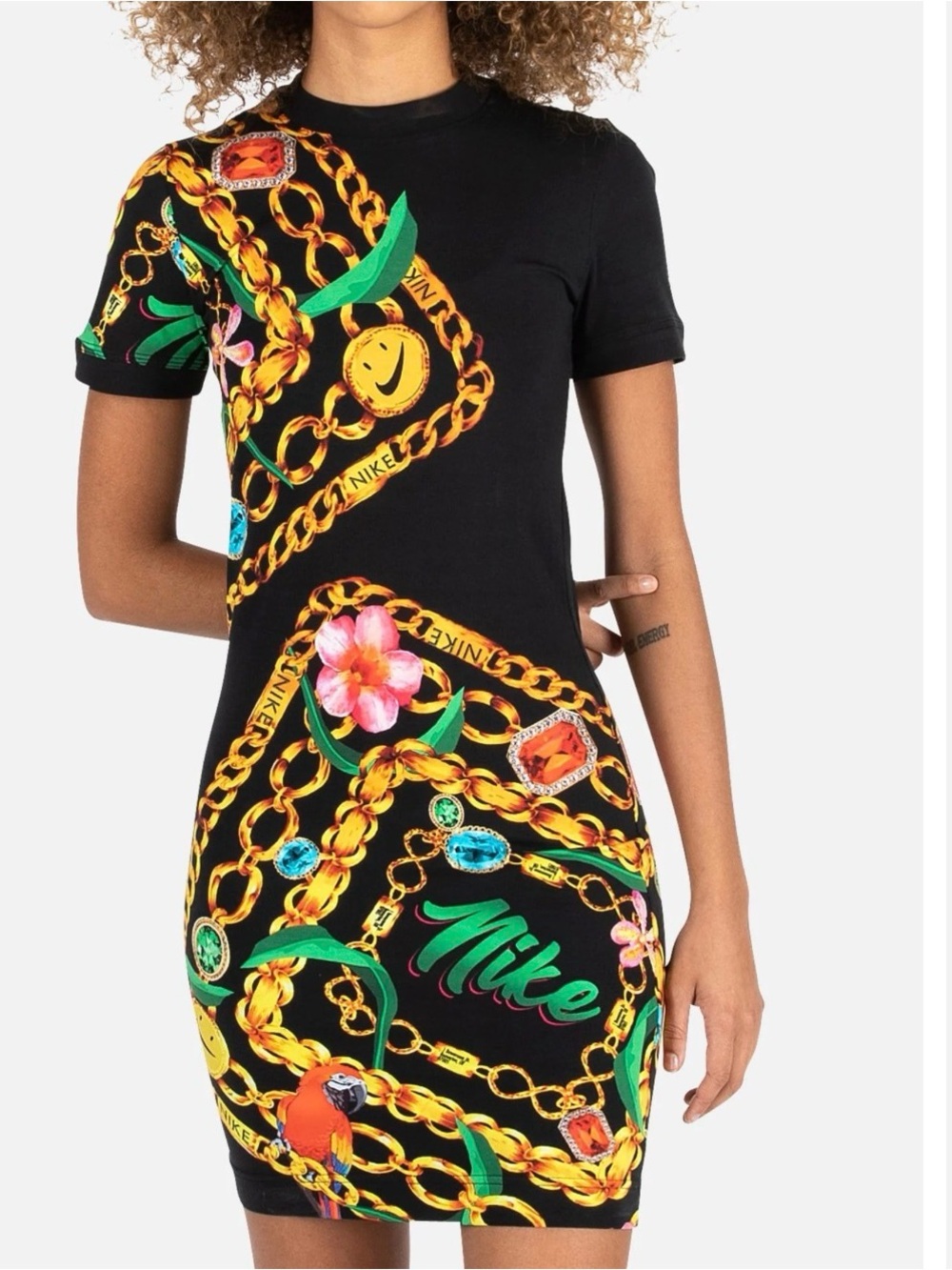 Nike Black Mini Dress with Gold Chain print logo Accents new med